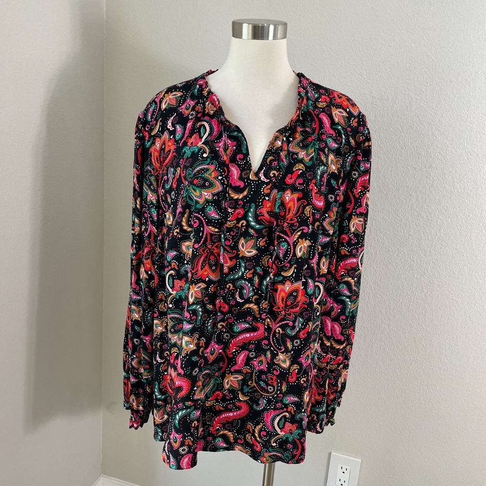Croft & Barrow Womens Plus‎ 2X Paisley Long Sleeve Blouse Front Neck Tie Shirt